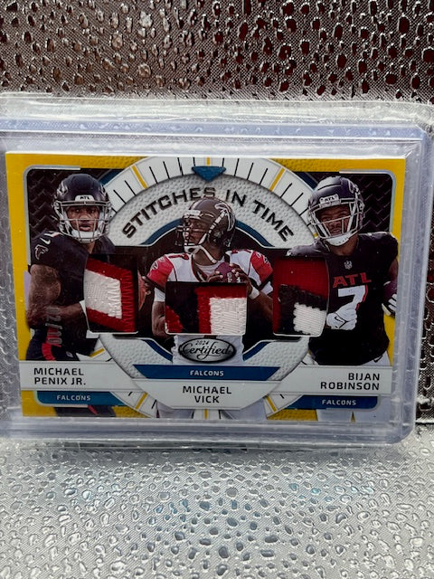 Michael Penix, Jr. / Michael Vick / Bijan Robinson 2024 Panini Certified Stitches in Time Gold Triple Patch 2/10