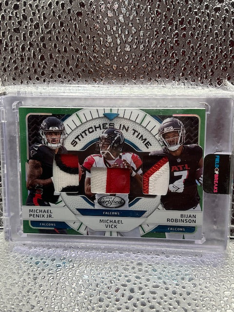 Michael Penix, Jr. / Michael Vick / Bijan Robinson Panini Certified Stitches in Time Triple-Patch Green 2/3