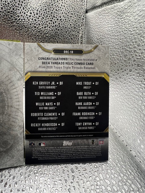 Topps Triple Threads Griffey/Williams/Mays/Clemente/Henderson/Trout/Ruth/Aaron/Robinson/Gwynn Leaf Game-Used Memorabilia 3/5