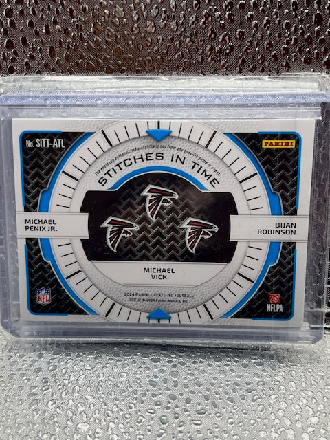 Michael Penix, Jr. / Michael Vick / Bijan Robinson 2024 Panini Certified Stitches in Time Gold Triple Patch 2/10