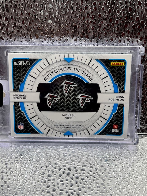 Michael Penix, Jr. / Michael Vick / Bijan Robinson Panini Certified Stitches in Time Triple-Patch Green 2/3